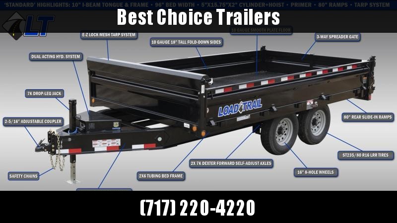 2021 Load Trail 8x16' Deckover Dump Trailer 14000# GVW * 10" I-BEAM FRAME * TARP KIT * SCISSOR HOIST * FOLD DOWN SIDES * 3-WAY GATE * 12K JACK * 6" TUBE BED FRAME * 110V CHARGER * 10GA SIDES/FLOOR * INTEGRATED KEYWAY * POWDER PRIMER * DEXTER'S 2021 Load Trail 8x16' Deckover Dump Trailer 14000# GVW * 10" I-BEAM FRAME * TARP KIT * SCISSOR HOIST * FOLD DOWN SIDES * 3-WAY GATE * 12K JACK * 6" TUBE BED FRAME * 110V CHARGER * 10GA SIDES/FLOOR * INTEGRATED KEYWAY * POWDER PRIMER * DEXTER'S