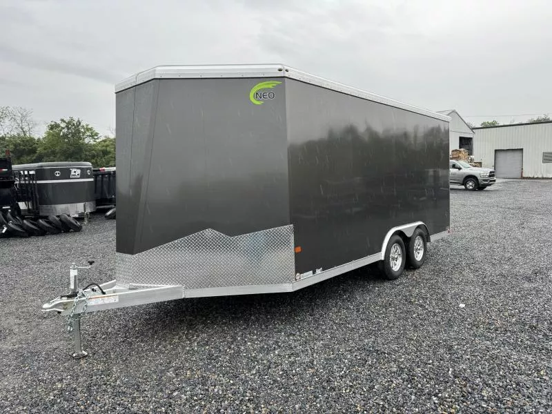2026 NEO 8.5x20' NAUX Aluminum Enclosed UTV Trailer 7000# GVW * WHITE EXTERIOR * UTV ESCAPE DOOR * DRT REAR SPOILER * CABLELESS REAR RAMP * NXP LATCH * ROUND TOP/V-NOSE * SCREWLESS * ALUMINUM WHEELS * L-TRACK TIE DOWN SYSTEM * INTEGRATED FRAME