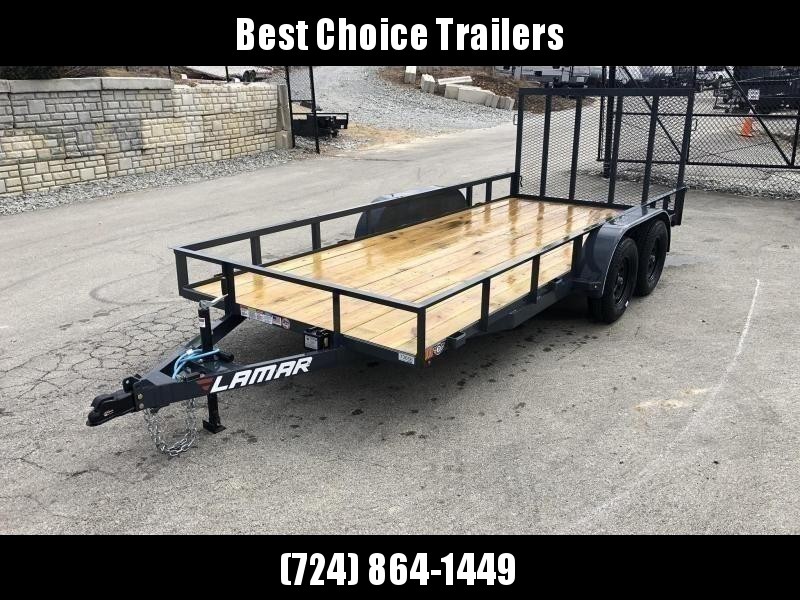 2021 Lamar 7x16' Utility Landscape Trailer 7000# GVW * CHARCOAL * HD GATE/2X2" TUBE C/M + SPRING ASSIST * CAST COUPLER * COLD WEATHER HARNESS * 4" CHANNEL TONGUE * STAKE POCKETS * SWIVEL JACK * TUBE BUMPER * TEARDROP FENDERS * BULLET LED'S 2021 Lamar 7x16' Utility Landscape Trailer 7000# GVW * CHARCOAL * HD GATE/2X2" TUBE C/M + SPRING ASSIST * CAST COUPLER * COLD WEATHER HARNESS * 4" CHANNEL TONGUE * STAKE POCKETS * SWIVEL JACK * TUBE BUMPER * TEARDROP FENDERS * BULLET LED'S