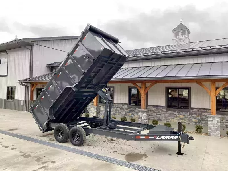 2026 Lamar 7x14' High Side Dump Trailer 14000# GVW * 11-TON 144" STROKE TELESCOPIC HOIST * 3' HIGH SIDES * 7GA FLOOR * TARP KIT * UNDERMOUNT RAMPS * 12K JACK * CHARCOAL * RIGID RAILS * HD COUPLER * NESTLED I-BEAM FRAME * COMBO GATE * 12" O.C. C/M