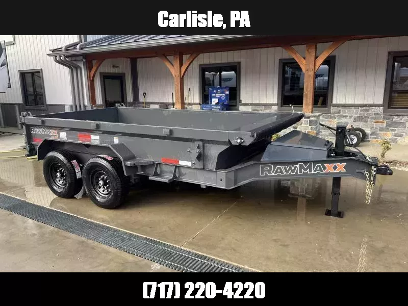 2026 RawMaxx 7x12' Hydraulic Dump Trailer 14000# GVW * 8" I-BEAM FRAME * SCISSOR HOIST * 3-WAY COMBO GATE * UNDERMOUNT RAMPS * ADJUSTABLE COUPLER * 12K JACK * 110V CHARGER * HD TOP RAIL 1758338056