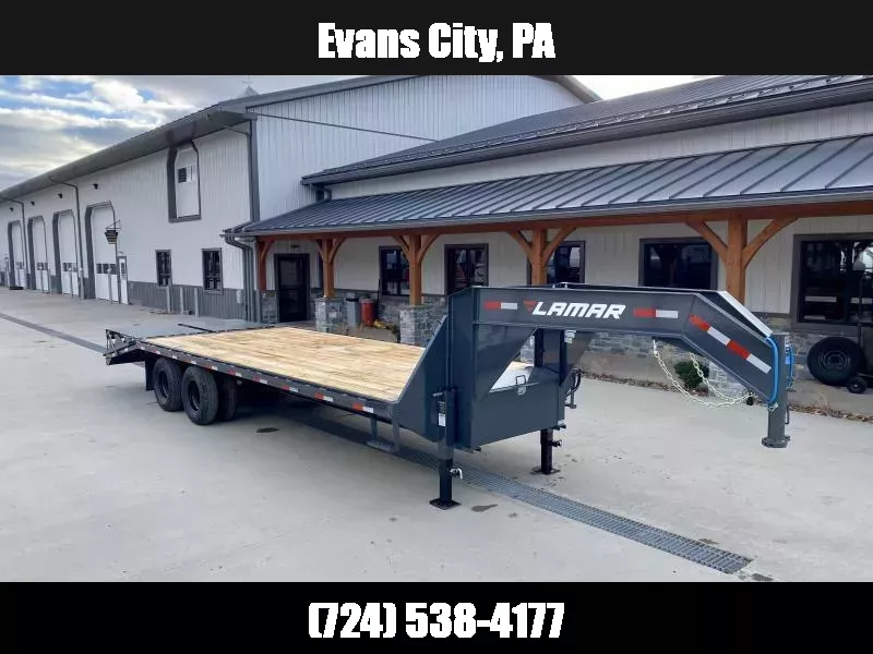 2025 Lamar 102x25' Gooseneck Beavertail Deckover Trailer 22500# * FULL WIDTH RAMPS * CHARCOAL * 12" / 19# I-BEAM * FRONT TOOLBOX / DUAL JACKS * UNDER FRAME BRIDGE 1750184085