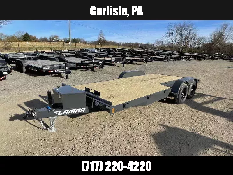 2025 Lamar 7x18 7000# Wood Deck Car Hauler Trailer * TOOLBOX * ADJUSTABLE COUPLER * DROP LEG JACK * REMOVABLE FENDERS * EXTRA STAKE POCKETS * CHARCOAL * 5" CHANNEL FRAME * COLD WEATHER HARNESS * REAR RAMPS