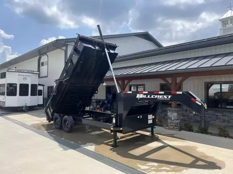 2026 Hillcrest Trailers 7x16' Gooseneck High Side Dump Trailer 17600 GVW * 8000# AXLES * 40" HIGH SIDES * 12-TON TELESCOPIC HOIST * ENGINEERED NECK * I-BEAM FRAME * 7GA FLOOR * DELUXE TARP KIT * HD TOP RAIL * REAR STAB JACKS * 12" O.C. C/M