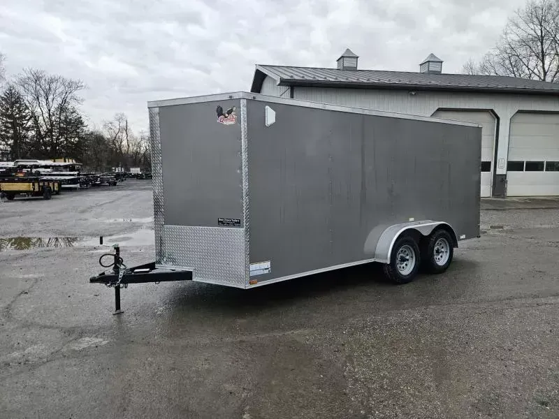 2026 Quality 7x16' Tandem Axle Enclosed Cargo Trailer 7000# GVW * CHARCOAL .080 POLYCOR EXTERIOR * SEMI-SCREWLESS * RAMP DOOR * PLYWOOD WALLS & FLOORS * TUBE WALL AND CEILING STUDS * LED LIGHTS * 16" O.C. WALL AND FLOORS * RV DOOR * V-NOSE