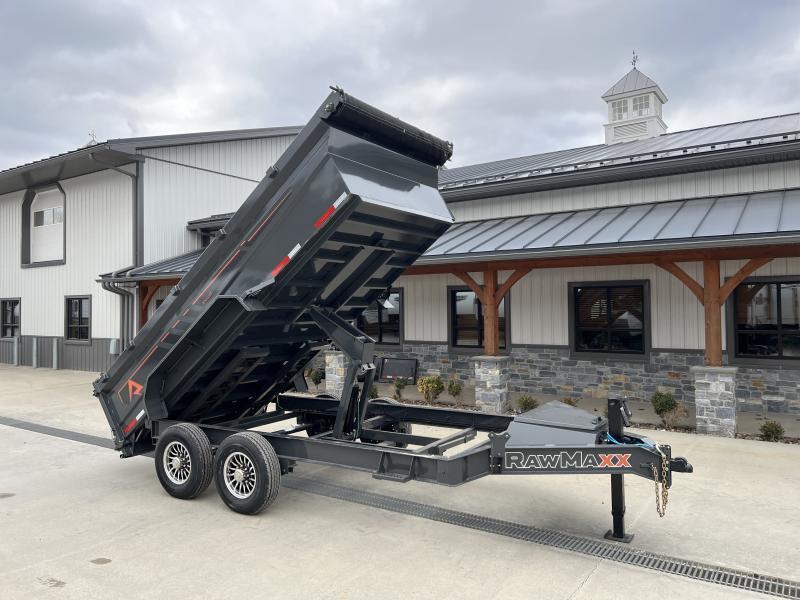2025 RawMaxx 7x14' GDX Knight Dump Trailer 14000# GVW * ALUMINUM WHEELS * 8" I-BEAM FRAME * 32" HIGH SIDES * SCISSOR HOIST * 3-WAY COMBO GATE * UNDERMOUNT RAMPS * ADJUSTABLE COUPLER * 12K JACK * 110V CHARGER * HD TOP RAIL * GRAPHICS PKG