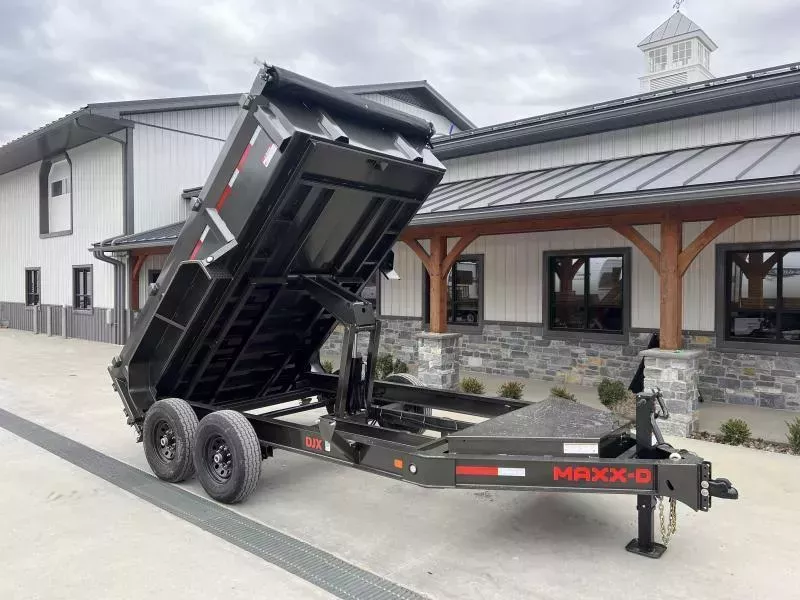 2026 MAXXD 7x12' DJX Dump Trailer 15400# GVW * SCISSOR HOIST * DEXTER AXLES * 8"/15# I-BEAM FRAME * 2PC 10GA WALLS & FLOOR * 12" O.C. CROSSMEMBERS * WIRELESS REMOTE * COMBO GATE * METALLIC GREY + PRIMER * HD TOP RAIL * DELUXE TARP * JACKSTANDS