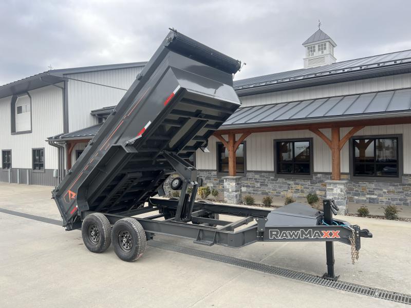 2025 RawMaxx 7x14' GDX Knight Dump Trailer 14000# GVW * 8" I-BEAM FRAME * 32" HIGH SIDES * SCISSOR HOIST * 3-WAY COMBO GATE * UNDERMOUNT RAMPS * ADJUSTABLE COUPLER * 12K JACK * 110V CHARGER * HD TOP RAIL * GRAPHICS PKG