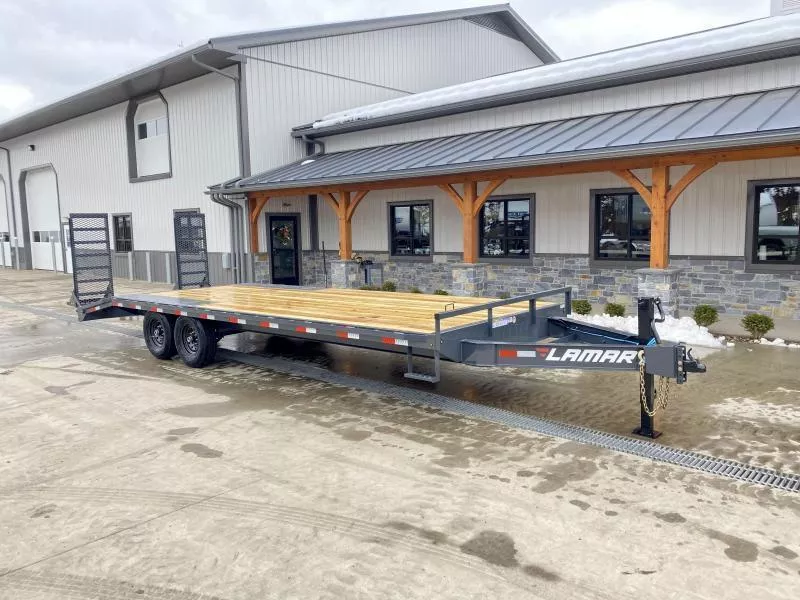 2025 Lamar 102x20' Beavertail Deckover Trailer 14000# GVW * DELUXE OVERWIDTH RAMPS W/ MESH FACE + SPRING ASSIST  * CHARCOAL * TOOL TRAY * HD COUPLER * I-BEAM FRAME * 16" O.C. C/M * RUBRAIL/STAKE POCKETS/PIPE SPOOLS * 4X8" TUBE BUMPER