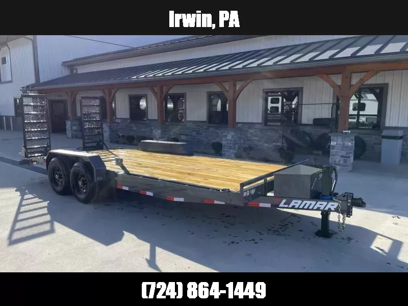 2025 Lamar 7x20' Equipment Trailer 14000# GVW * TOOLBOX * SPARE TIRE * DELUXE OVERWIDTH RAMPS W/ HEAVY MESH * CHARCOAL POWDERCOAT * RUBRAIL/STAKE POCKETS/PIPE SPOOLS/D-RINGS * REM FENDERS * 12K JACK * CAST COUPLER * SPRING ASSIST * COLD WEATHER HARNESS 1762976596