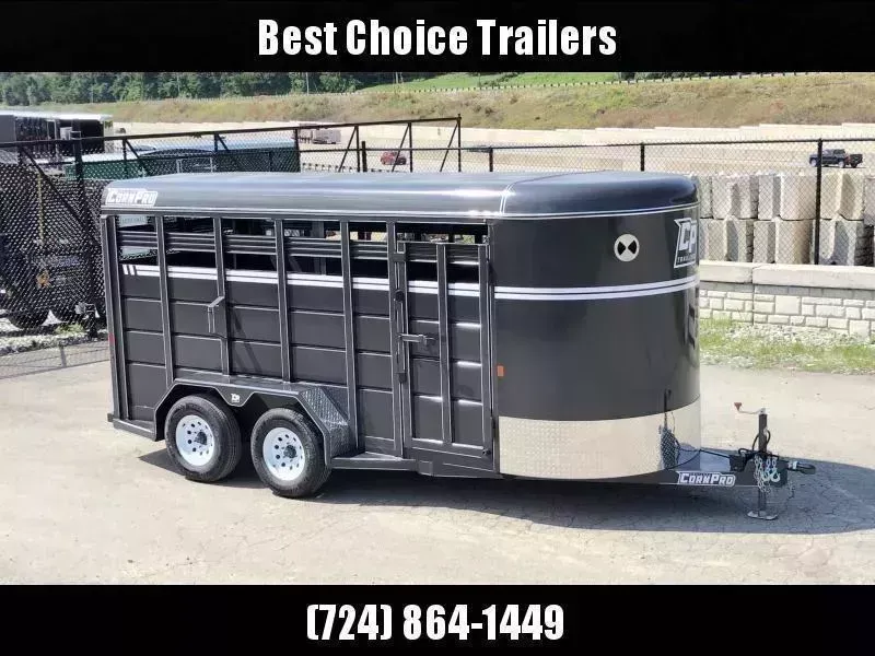 2025 Corn Pro 16' Livestock Trailer 9990# GVW * 5200# AXLES * 7' WIDTH * CHARCOAL * TORSION SUSPENSION * DEXTER AXLES * 225/75/R15 8-PLY TIRES * HD FENDERS * CENTER AND REAR SLAM GATES * 4" CHANNEL TONGUE * URETHANE PAINT