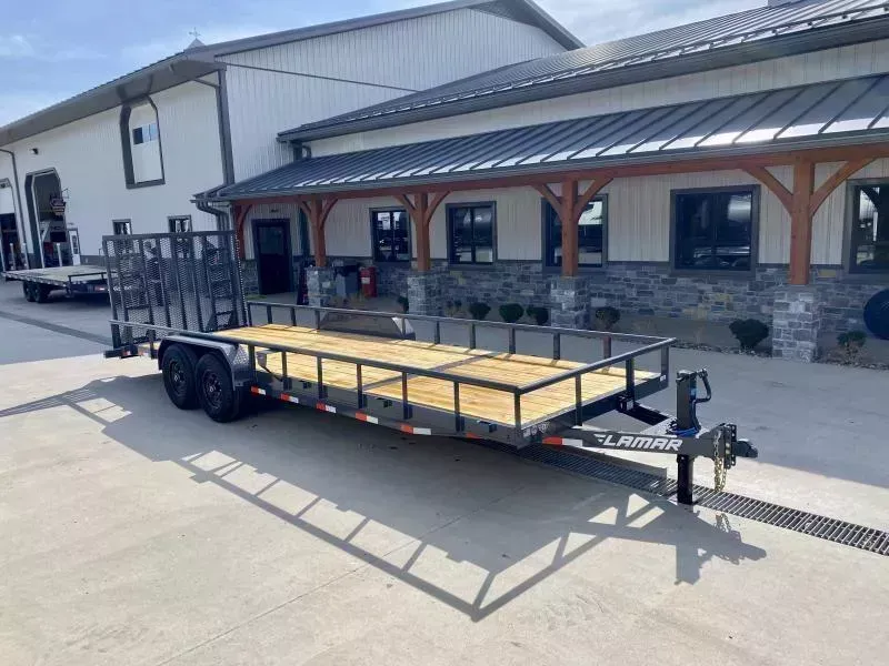 2026 Lamar 7x24' Utility Landscape Trailer 9990# GVW * 5' HD RAMP W/ SPRING ASST * 16" 10-PLY TIRES * 12K JACK * 2' DOVETAIL * PIPE TOP * CHARCOAL * 12K JACK * 5" CHANNEL TONGUE/FRAME * CHANNEL C/M * ADJUSTABLE COUPLER