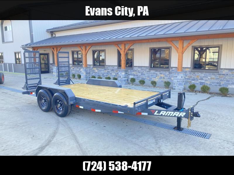 2025 Lamar 7x18' Equipment Trailer 14000# GVW * DELUXE OVERWIDTH RAMPS W/ HEAVY MESH * CHARCOAL POWDERCOAT * RUBRAIL/STAKE POCKETS/PIPE SPOOLS/D-RINGS * REM FENDERS * 12K JACK * CAST COUPLER * SPRING ASSIST * COLD WEATHER HARNESS 1750183930