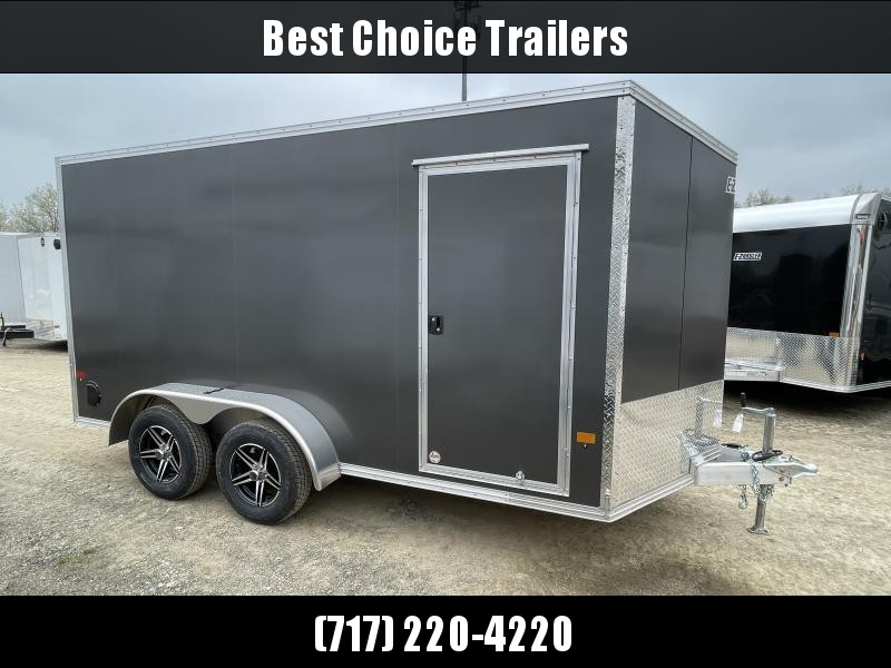 USED 2022 EZ Hauler 7x16' Aluminum Enclosed Cargo Trailer 7000# GVW * BLACK EXTERIOR * SLANT V-NOSE * 6'6" INTERIOR HEIGHT * ALUMINUM FRAME * RAMP DOOR * 16" O/C WALLS * 1 PC ROOF * SCREWLESS * ALUMINUM WHEELS * CLEARANCE USED 2022 EZ Hauler 7x16' Aluminum Enclosed Cargo Trailer 7000# GVW * BLACK EXTERIOR * SLANT V-NOSE * 6'6" INTERIOR HEIGHT * ALUMINUM FRAME * RAMP DOOR * 16" O/C WALLS * 1 PC ROOF * SCREWLESS * ALUMINUM WHEELS * CLEARANCE