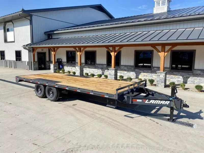 2026 Lamar 102x20' Flatbed Deckover Trailer 14000# GVW * 8' SLIDE IN RAMPS * CHARCOAL * TOOL TRAY * HD CAST COUPLER * I-BEAM FRAME * 16" O.C. C/M * RUBRAIL/STAKE POCKETS/PIPE SPOOLS * CHANNEL SIDE RAIL * 12K JACK