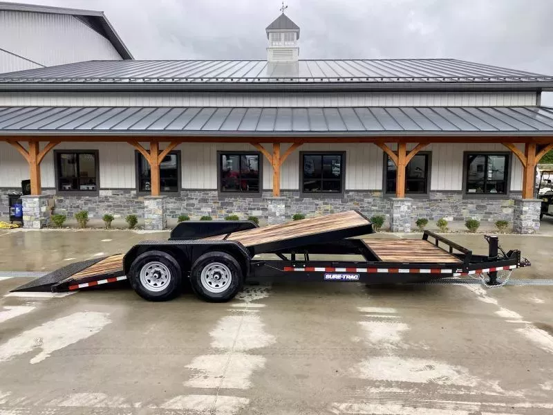 2026 Sure-Trac 7x20' Gravity Tilt Equipment Trailer 14000# GVW * SPLIT DECK 16+4' * 12K JACK * DROP AXLES/LOW LOAD ANGLE * RUBRAIL/STAKE POCKETS/D-RINGS * HD FENDERS * ADJUSTABLE CAST COUPLER * SPARE MOUNT