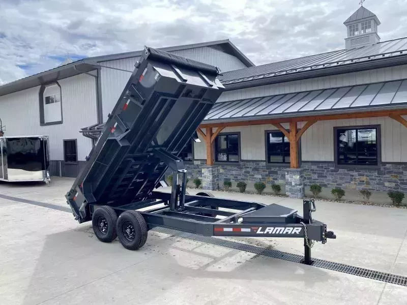 2026 Lamar 7x14' Dump Trailer 14000# GVW * 7GA FLOOR * TARP KIT * UNDERMOUNT RAMPS * SCISSOR HOIST * 12K JACK * CHARCOAL * RIGID RAILS * HD COUPLER * NESTLED I-BEAM FRAME 28" H * COMBO GATE * 12" O.C. C/M