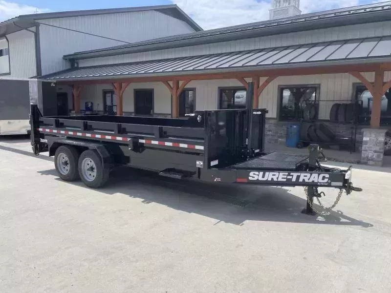 2026 Sure-Trac 7x16' Pro Series I-Beam Dump Trailer 17600# GVW * 8000# AXLES * 17.5" RUBBER * TELESCOPIC HOIST * FRONT/REAR BULKHEAD * OVERSIZE TOOLBOX * INTEGRATED KEYWAY * HD 4-BOLT COUPLER * 110V CHARGER * UNDERMOUNT RAMPS * 12K 2-SPEED JACK
