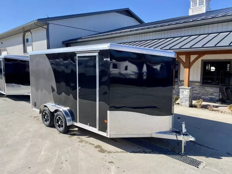 2025 NEO Trailers 7x14' NAMR Aluminum Enclosed Motorcycle Trailer 7000# GVW * SILVER/MATTE BLACK * BLACK TRIM PKG * VINYL WALLS * 6'6" HEIGHT * ALUMINUM WHEELS * TIE DOWN SYSTEM * NXP CABLELESS RAMP DOOR