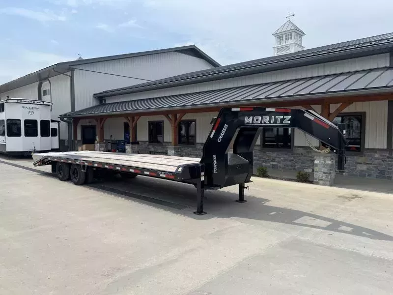 2026 Moritz 102x30' Gooseneck Deckover Trailer 25900# GVW * 12000# DEXTER AXLES * ALUMINUM ULTIMATE RAMPS * EOH BRAKES * HDSS SUSPENSION * URETHANE PAINT * CAMBERED BEAMS * 16"/26# PIERCED I-BEAM FRAME * ENGINEERED NECK * OVERSIZE TOOLBOX W/ CHAIN RACK