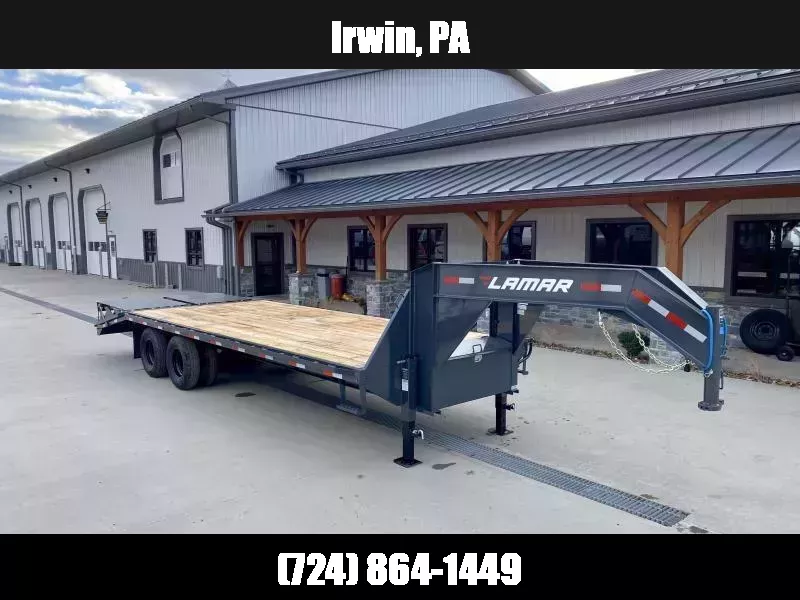 2025 Lamar 102x25' Gooseneck Beavertail Deckover Trailer 22500# * FULL WIDTH RAMPS * CHARCOAL * 12" / 19# I-BEAM * FRONT TOOLBOX / DUAL JACKS * UNDER FRAME BRIDGE 1750184083