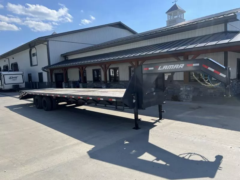 USED 2024 Lamar 102x32' Gooseneck Beavertail Deckover Trailer 24000# * 12000 AXLES * FULL WIDTH RAMPS * CHARCOAL * 12" / 19# I-BEAM * FRONT TOOLBOX / DUAL JACKS * UNDER FRAME BRIDGE