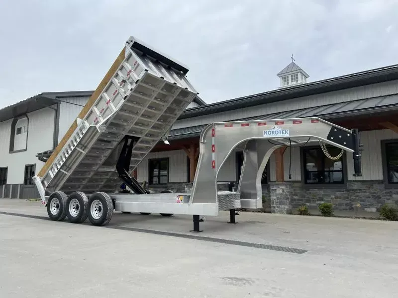 2026 Nordtek 7x16' Gooseneck Aluminum High Side Dump Trailer 21000# GVW * 3' HIGH SIDES * TRIPLE AXLE * ENGINEERED NECK * 7GA FLOOR * SCISSOR LIFT * ALUMINUM TOOLBOX & WHEELS * 2-12K DROP LEG JACKS * RAMPS INCLUDED * DELUXE TARP * 12" O.C. CROSSMEMBERS
