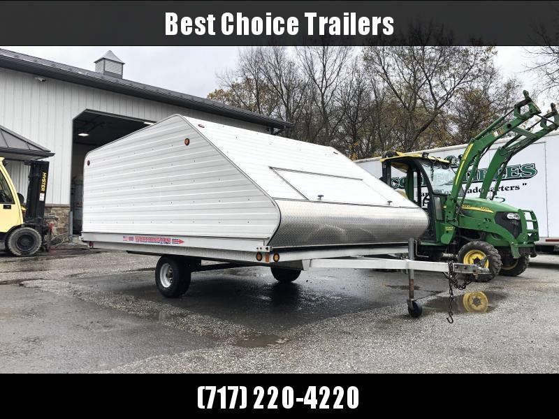 USED 2005 Worthington 8.5x12' Aluminum Snowmobile Trailer 2400# GVW * TILT CLAMSHELL * TRACK MATS * LUGGAGE DOOR * SPARE TIRE * ADJUSTABLE TIE DOWNS USED 2005 Worthington 8.5x12' Aluminum Snowmobile Trailer 2400# GVW * TILT CLAMSHELL * TRACK MATS * LUGGAGE DOOR * SPARE TIRE * ADJUSTABLE TIE DOWNS