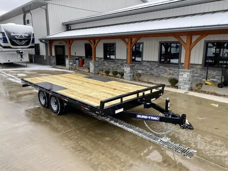 2026 Sure-Trac 102x16 Flatbed Deckover Trailer 9900# GVW * 8' SLIDE IN PUNCH PLATE RAMPS * TUBE SIDE RAIL + CROSSMEMBERS * RUBRAIL/STAKE POCKETS/D-RINGS * SPARE MOUNT * ADJUSTABLE COUPLER * DROP LEG JACK