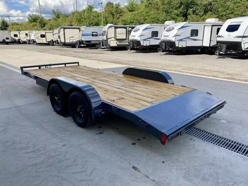 2025 Lamar 7x16 7000# Wood Deck Car Hauler Trailer * CHARCOAL * REMOVABLE FENDERS * EXTRA STAKE POCKETS * 5" CHANNEL FRAME * COLD WEATHER HARNESS * REAR RAMPS  upBPFYertxem