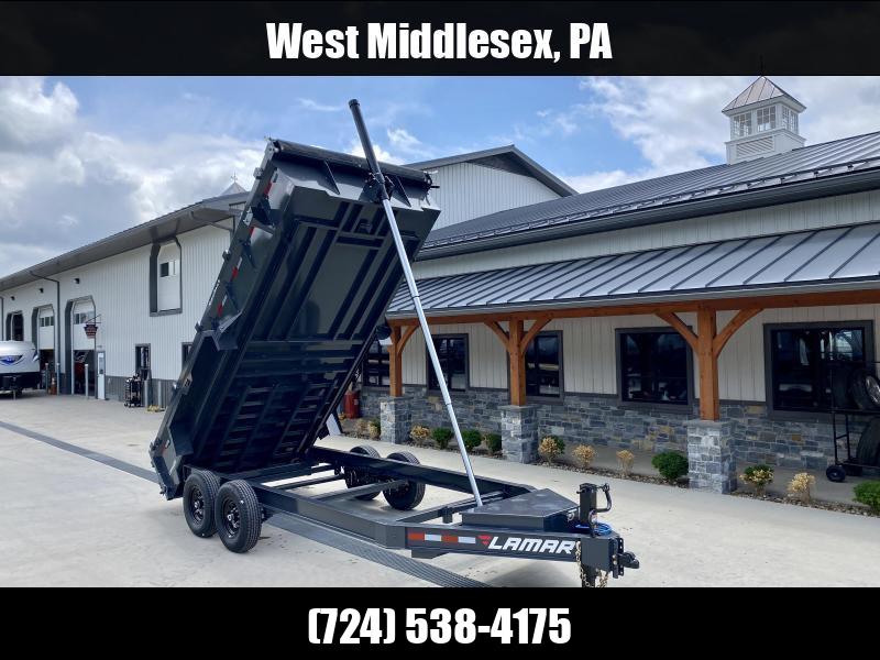 2025 Lamar 7x16' Dump Trailer 14000# GVW * 11-TON 144" TELESCOPIC HOIST * 7GA FLOOR * TARP KIT * UNDERMOUNT RAMPS * 12K JACK * CHARCOAL * RIGID RAILS * HD COUPLER * NESTLED I-BEAM FRAME 28" H * COMBO GATE * 12" O.C. C/M 1750184069