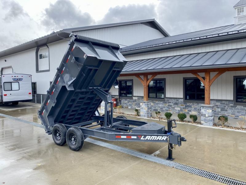 2025 Lamar 7x12' High Side Dump Trailer 14000# GVW * 3' HIGH SIDES * 7GA FLOOR * TARP KIT * UNDERMOUNT RAMPS * SCISSOR HOIST * 12K JACK * CHARCOAL * RIGID RAILS * HD COUPLER * NESTLED I-BEAM FRAME * COMBO GATE * 12" O.C. C/M * SPARE MOUNT