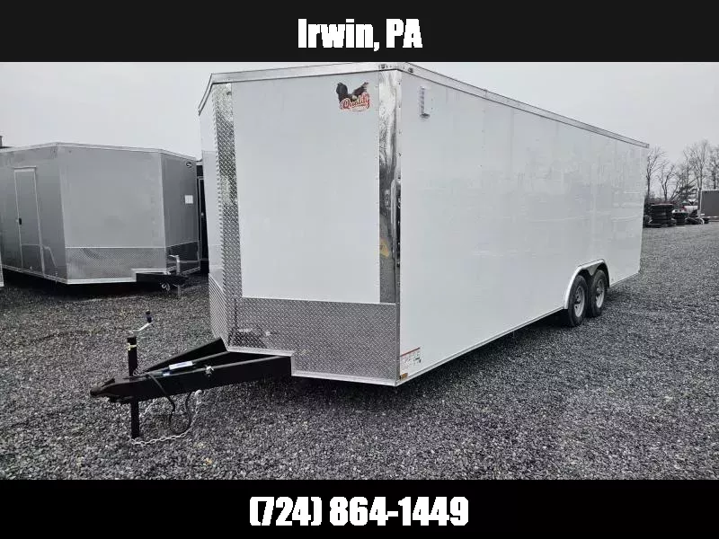 2026 Quality 8.5x24' Enclosed Car Hauler Trailer 9990# GVW * WHITE .080 POLYCOR EXTERIOR * 7' HEIGHT * SEMI-SCREWLESS * HD RAMP DOOR * PLYWOOD WALLS & FLOORS * TUBE WALL AND CEILING STUDS * LED LIGHTS * 16" O.C. WALL AND FLOORS * RV DOOR * V-NOSE