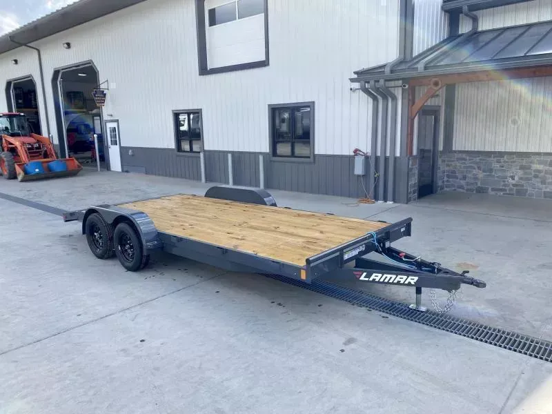 2026 Lamar 7x16 7000# Wood Deck Car Hauler Trailer * CHARCOAL * REMOVABLE FENDERS * EXTRA STAKE POCKETS * 5" CHANNEL FRAME * COLD WEATHER HARNESS * REAR RAMPS 