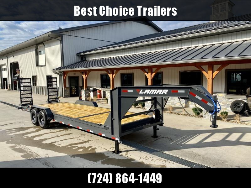 2023 Lamar 7x24' Gooseneck Equipment Trailer 14000# GVW * STAND UP DELUXE RAMPS * RUBRAIL * 4 D-RINGS * DUAL JACKS * SPARE TIRE * CHARCOAL W/ BLACK WHEELS * CLEARANCE 2023 Lamar 7x24' Gooseneck Equipment Trailer 14000# GVW * STAND UP DELUXE RAMPS * RUBRAIL * 4 D-RINGS * DUAL JACKS * SPARE TIRE * CHARCOAL W/ BLACK WHEELS * CLEARANCE