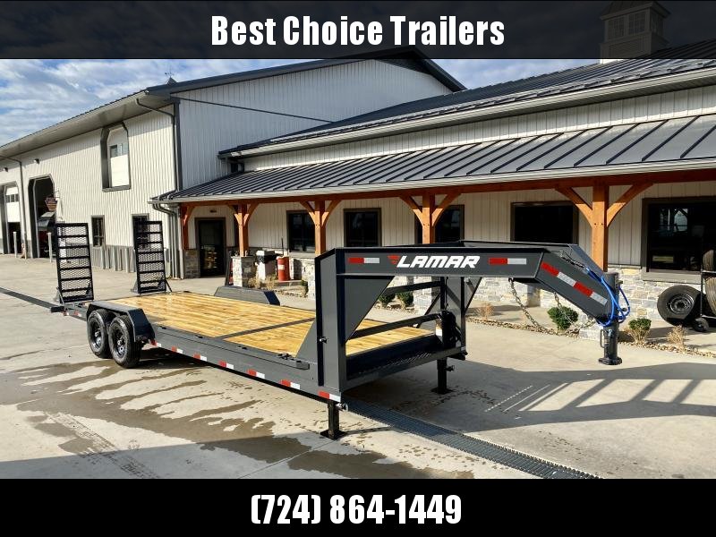 2023 Lamar 7x24' Gooseneck Equipment Trailer 14000# GVW * STAND UP DELUXE RAMPS * RUBRAIL * 4 D-RINGS * DUAL JACKS * SPARE TIRE * CHARCOAL W/ BLACK WHEELS * CLEARANCE 2023 Lamar 7x24' Gooseneck Equipment Trailer 14000# GVW * STAND UP DELUXE RAMPS * RUBRAIL * 4 D-RINGS * DUAL JACKS * SPARE TIRE * CHARCOAL W/ BLACK WHEELS * CLEARANCE
