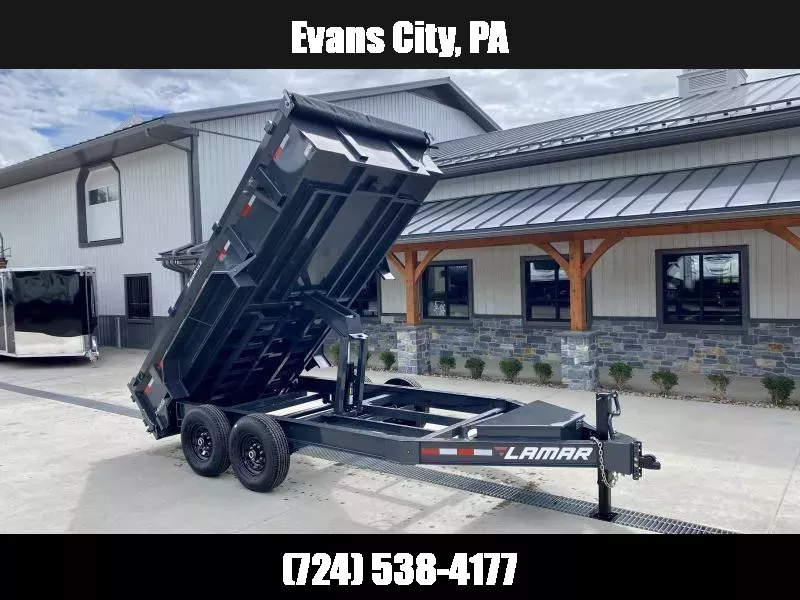 2025 Lamar 7x14' Dump Trailer 14000# GVW * 7GA FLOOR * TARP KIT * UNDERMOUNT RAMPS * SCISSOR HOIST * 12K JACK * CHARCOAL * RIGID RAILS * HD COUPLER * NESTLED I-BEAM FRAME 28" H * COMBO GATE * 12" O.C. C/M 1752025514