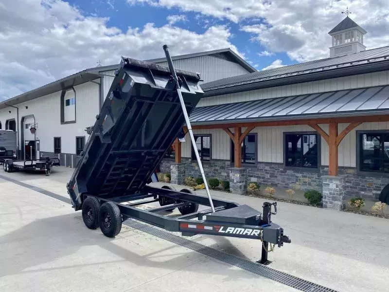 2026 Lamar 7x14' Dump Trailer 14000# GVW * 11-TON 144" TELESCOPIC HOIST * 7GA FLOOR * TARP KIT * UNDERMOUNT RAMPS * 12K JACK * CHARCOAL * RIGID RAILS * HD COUPLER * NESTLED I-BEAM FRAME 28" H * COMBO GATE * 12" O.C. C/M