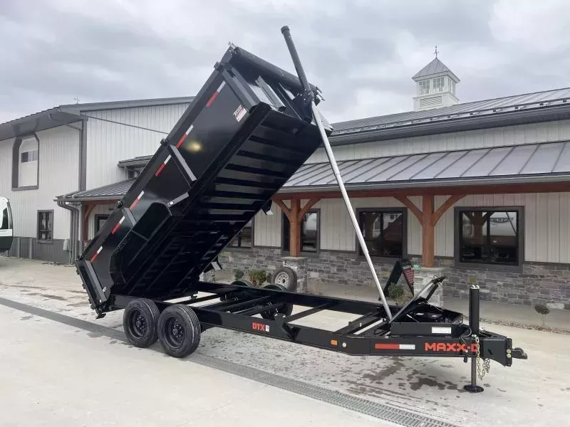 2026 MAXXD 7x16' DTX Dump Trailer 16000# GVW * 8000# AXLES * 3' HIGH SIDES * 144" 11-TON TELESCOPIC HOIST * 8"/15# I-BEAM FRAME * 10GA WALLS & 7GA FLOOR * 12" O.C. CROSSMEMBERS * WIRELESS REMOTE * HD TOP RAIL * TARP * JACKSTANDS