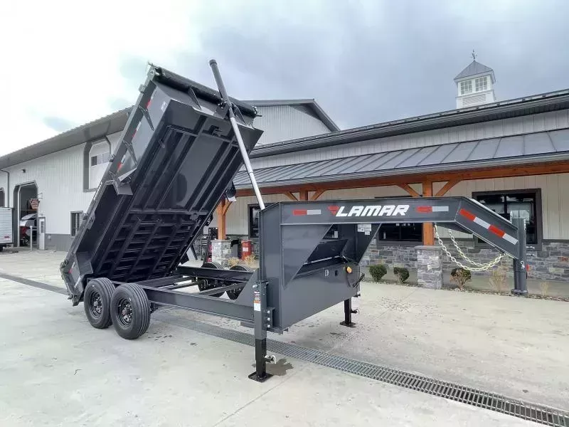 2026 Lamar 7x16' Gooseneck Dump Trailer 16000# GVW * 8000# AXLE UPGRADE * 17.5 RUBBER * 11-TON 144" TELESCOPIC CYLINDER * 7 GAUGE FLOOR * RIGID RAILS * DELUXE TARP * COMBO GATE * I-BEAM FRAME
