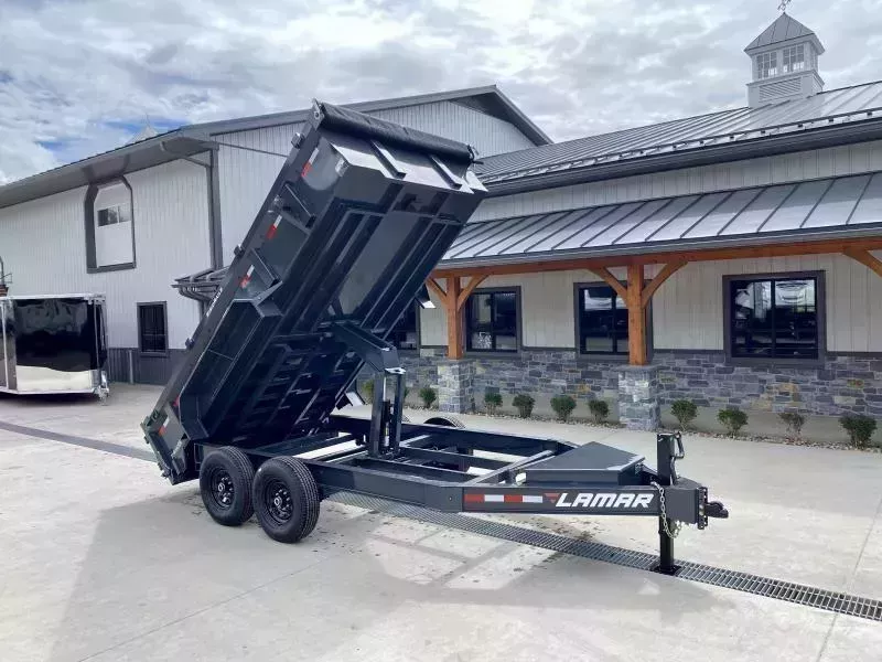 2026 Lamar 7x14' Dump Trailer 14000# GVW * 7GA FLOOR * TARP KIT * UNDERMOUNT RAMPS * SCISSOR HOIST * 12K JACK * CHARCOAL * RIGID RAILS * HD COUPLER * NESTLED I-BEAM FRAME 28" H * COMBO GATE * 12" O.C. C/M