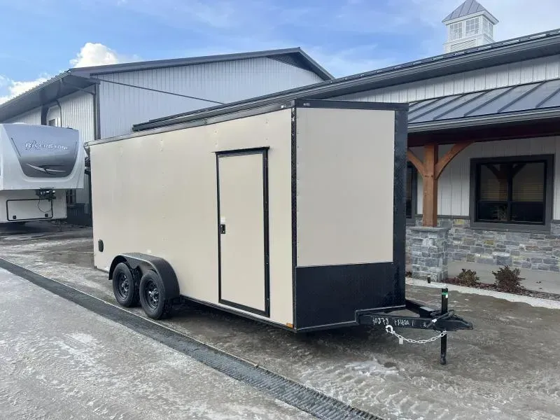 2026 Quality 7x16' Tandem Axle Enclosed Cargo Trailer 7000# GVW * 7' HEIGHT * REAR SPOILER + LOAD LIGHTS * BLACKOUT PKG * .080 POLYCOR * TAN EXTERIOR * PLYWOOD WALLS & FLOORS * TUBE WALL AND CEILING STUDS * 16" O.C. WALL/FLOORS