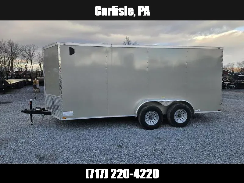 2026 Quality 7x16' Tandem Axle Enclosed Cargo Trailer 9990# GVW * CHAMPAGNE .080 POLYCOR EXTERIOR * SEMI-SCREWLESS * RAMP DOOR * PLYWOOD WALLS & FLOORS * TUBE WALL AND CEILING STUDS * LED LIGHTS * 16" O.C. WALL AND FLOORS * RV DOOR * V-NOSE