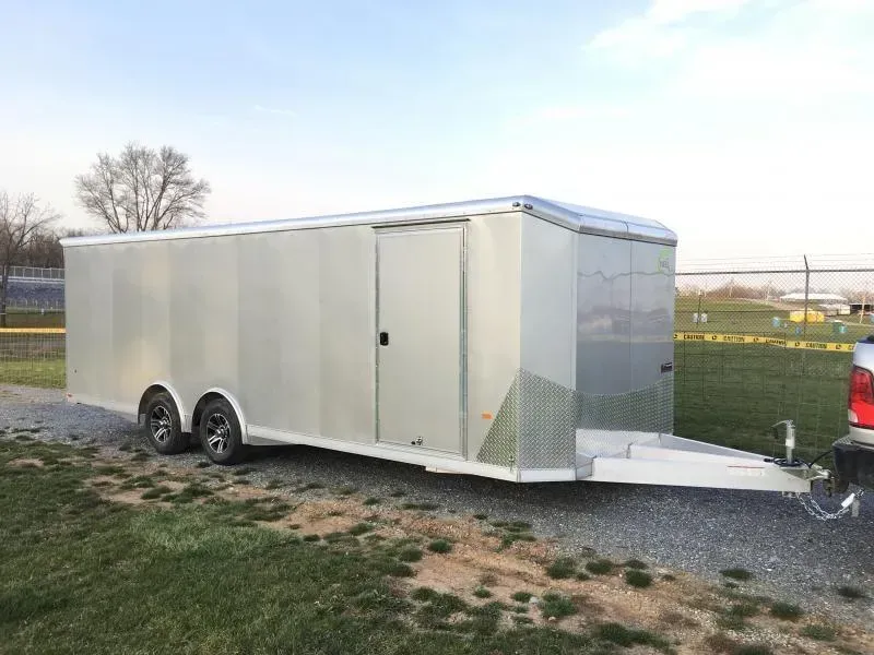 2026 NEO 8.5x24' NACX Aluminum Enclosed Car Hauler Trailer 9990# GVW * PEWTER EXTERIOR * FULL ESCAPE DOOR * 5200# TORSION * BULLNOSE * SPREAD AXLE * DRT REAR SPOILER * NXP RAMP * ROUND TOP * HD FRAME * ALUMINUM WHEELS * RV DOOR * 1 PC ROOF