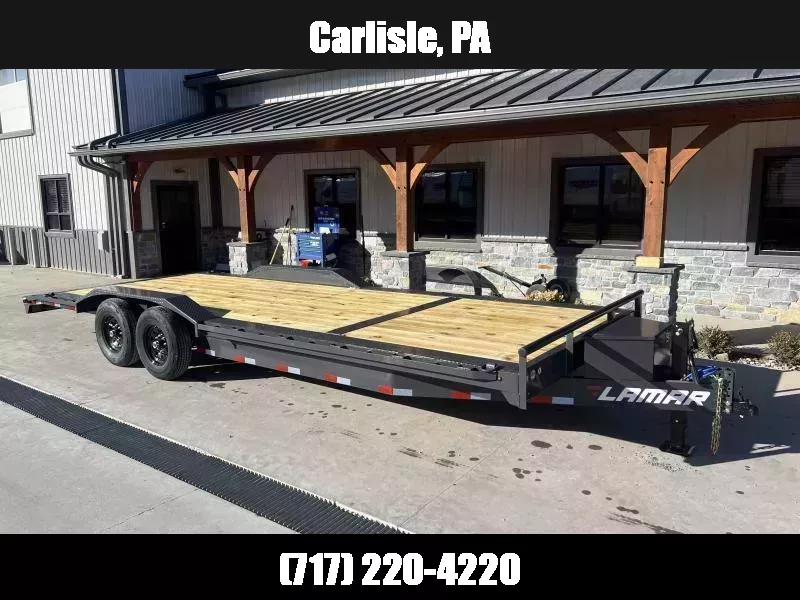 2026 Lamar 102x24' Car Hauler Trailer 14000# GVW * 8" TONGUE AND FRAME * 102" DECK * DRIVE OVER FENDERS * TOOLBOX * 4 D-RINGS * WINCH PLATE * 4' DOVETAIL * REAR JACKSTANDS * SLIDE IN RAMPS * CHARCOAL