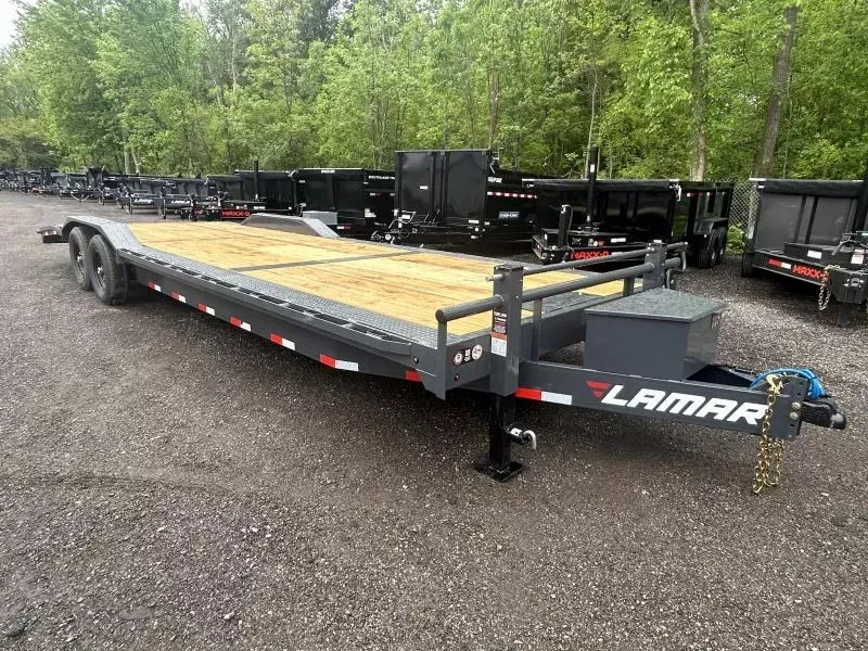 2026 Lamar 102x28' Car Hauler Trailer 14000# GVW * 102" DECK * DRIVE OVER FENDERS * OVERLENGTH 7' SLIDE IN RAMPS * 4' DOVETAIL * RUBRAIL * SWIVEL JACKS * UNDER FRAME BRIDGE * DUAL JACKS * FULL TOOLBOX * CHARCOAL W/ BLACK WHEELS