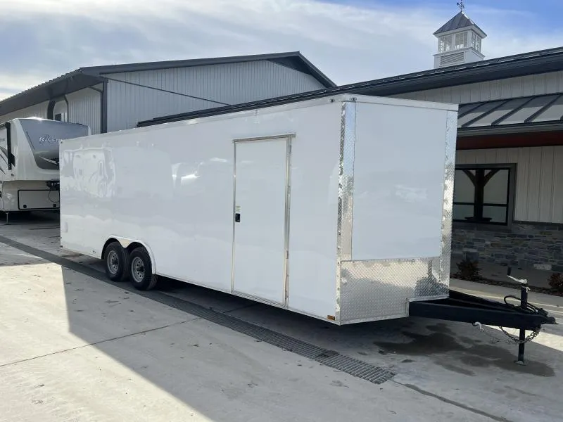 2026 Quality 8.5x24' Enclosed Car Hauler Trailer 9990# GVW * WHITE .080 POLYCOR EXTERIOR * 7' HEIGHT * SEMI-SCREWLESS * HD RAMP DOOR * PLYWOOD WALLS & FLOORS * TUBE WALL AND CEILING STUDS * LED LIGHTS * 16" O.C. WALL AND FLOORS * RV DOOR * V-NOSE