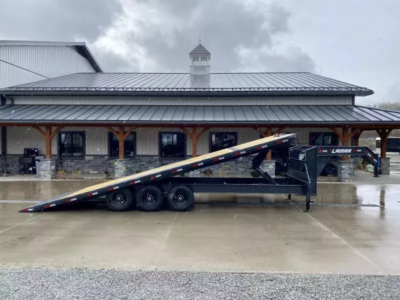 2026 Lamar 102x26' Gooseneck Deckover Power Tilt Trailer 21000# GVW * TRIPLE 7000# AXLES * SCISSOR HOIST UPGRADE * SPARE TIRE * FRONT TOOLBOX * CHARCOAL POWDERCOAT * 10" I-BEAM FRAME+NECK * 6" CHANNEL BED RUNNER * WINCH PLATE * DUAL JACKS
