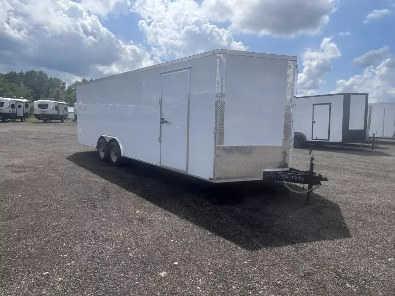 2025 Quality 8.5x24' Enclosed Car Hauler Trailer 9990# GVW * WHITE EXTERIOR * HD RAMP DOOR * PLYWOOD WALLS & FLOORS * TUBE WALL AND CEILING STUDS * LED LIGHTS * 16" O.C. WALL AND FLOORS * RV DOOR * V-NOSE
