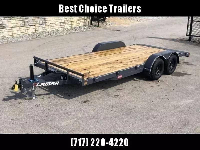 2026 Lamar 7x20 7000# Wood Deck Car Hauler Trailer * ADJUSTABLE COUPLER * DROP LEG JACK * REMOVABLE FENDERS * EXTRA STAKE POCKETS * CHARCOAL * 4 D-RINGS * 5" CHANNEL FRAME * COLD WEATHER HARNESS * REAR RAMPS